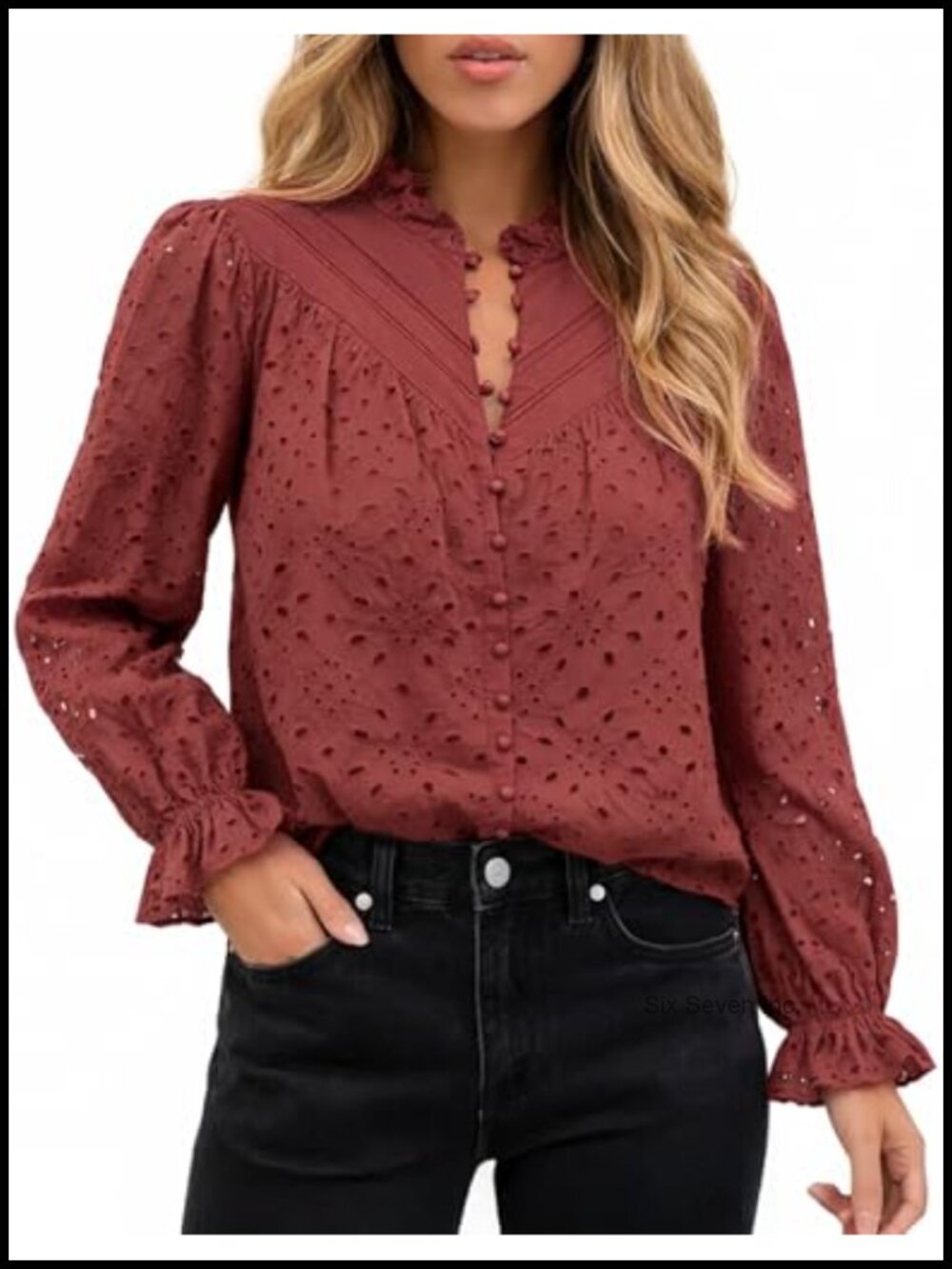 Women's Eyelet Floral Button Blouse V-Neck Puff Sleeve Cotton Top